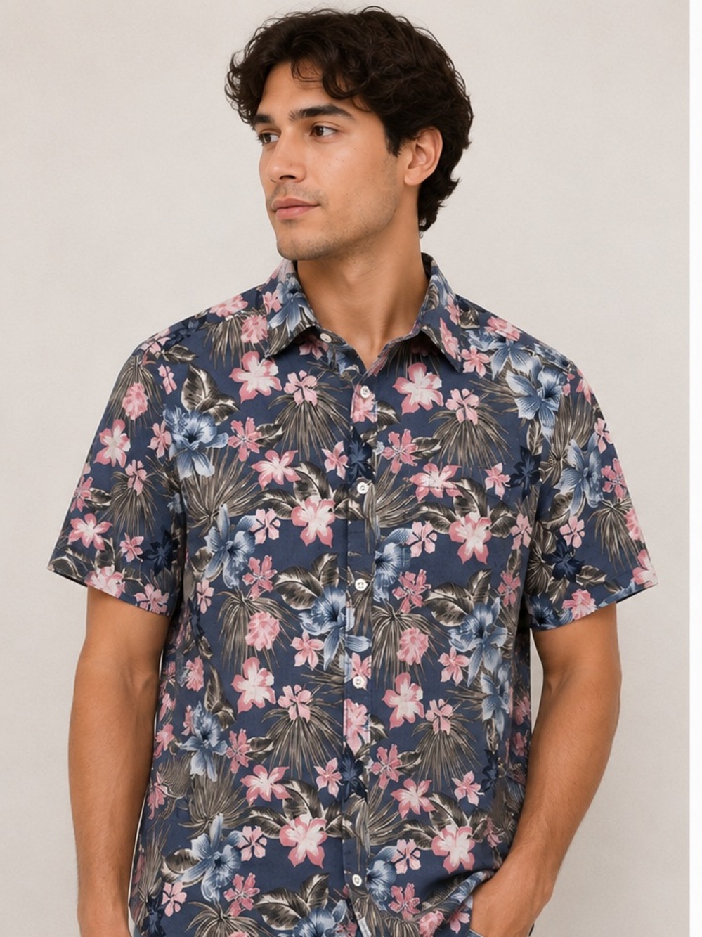 Hurley Navy Floral Short-Sleeve Button-Down Shirt with Pink Accents